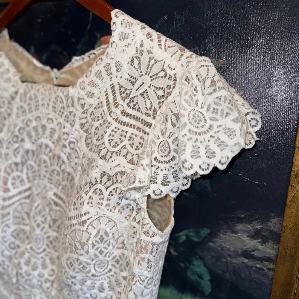 WILLOWBY by Watters White Lace Overlay Short Sleeve Button Back Wedding Top 14 - Picture 4 of 11